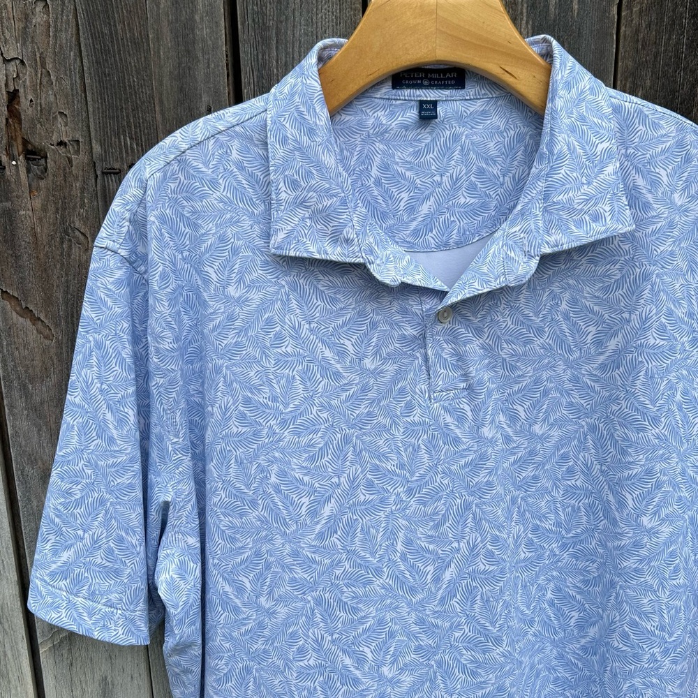 Peter Millar Performance Short Sleeve Jersey Polo Shirt Palm Leaf Blue White XXL - Picture 2 of 16